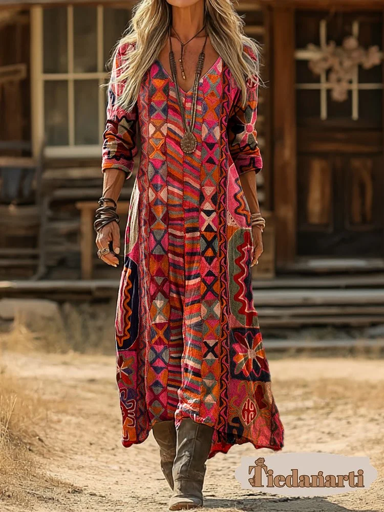 Women's Vintage Ethnic Red Geometric Floral Art Prints Elegant V-neck Long Sleeve Pocket Cotton Dresses