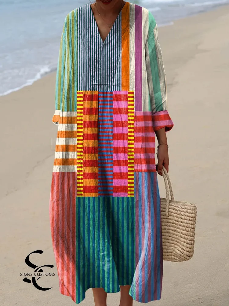 Women's Cotton Dress with Retro Geometric Art Design