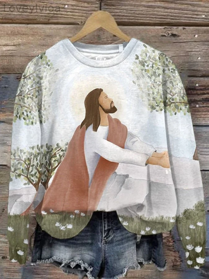 Women's Casual Jesus Christ Illustration Print Long Sleeve Sweatshirt