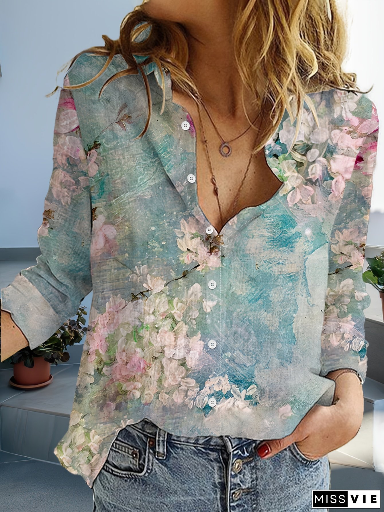 Elegant Women's Floral Print Button-Up Shirt - Soft Polyester, Stretch Fabric with Vibrant Peach Blossom Design, Ideal for Casual Outdoor Activities & Hiking, Leisure Clothing|Pastel Colors Top|Polyester Fabric