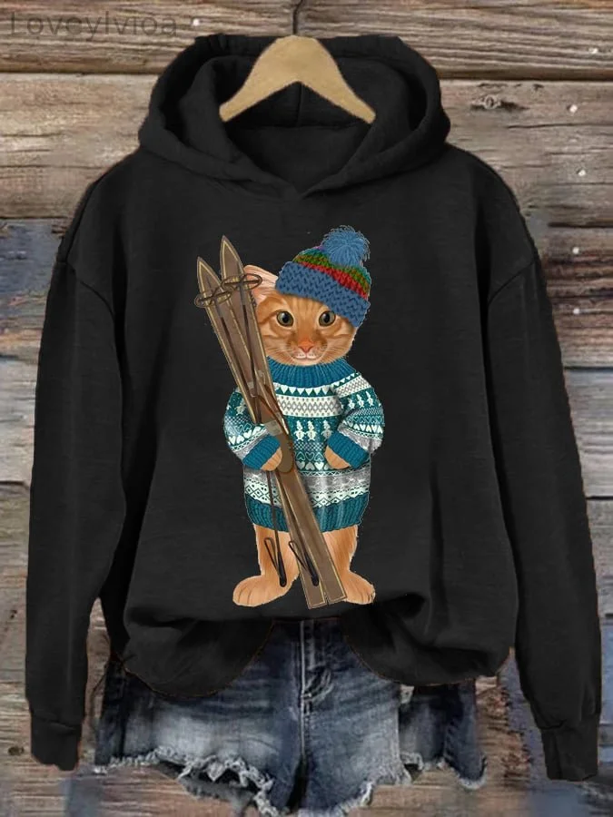Women's Winter Ginger Ski Cat Print Hoodie