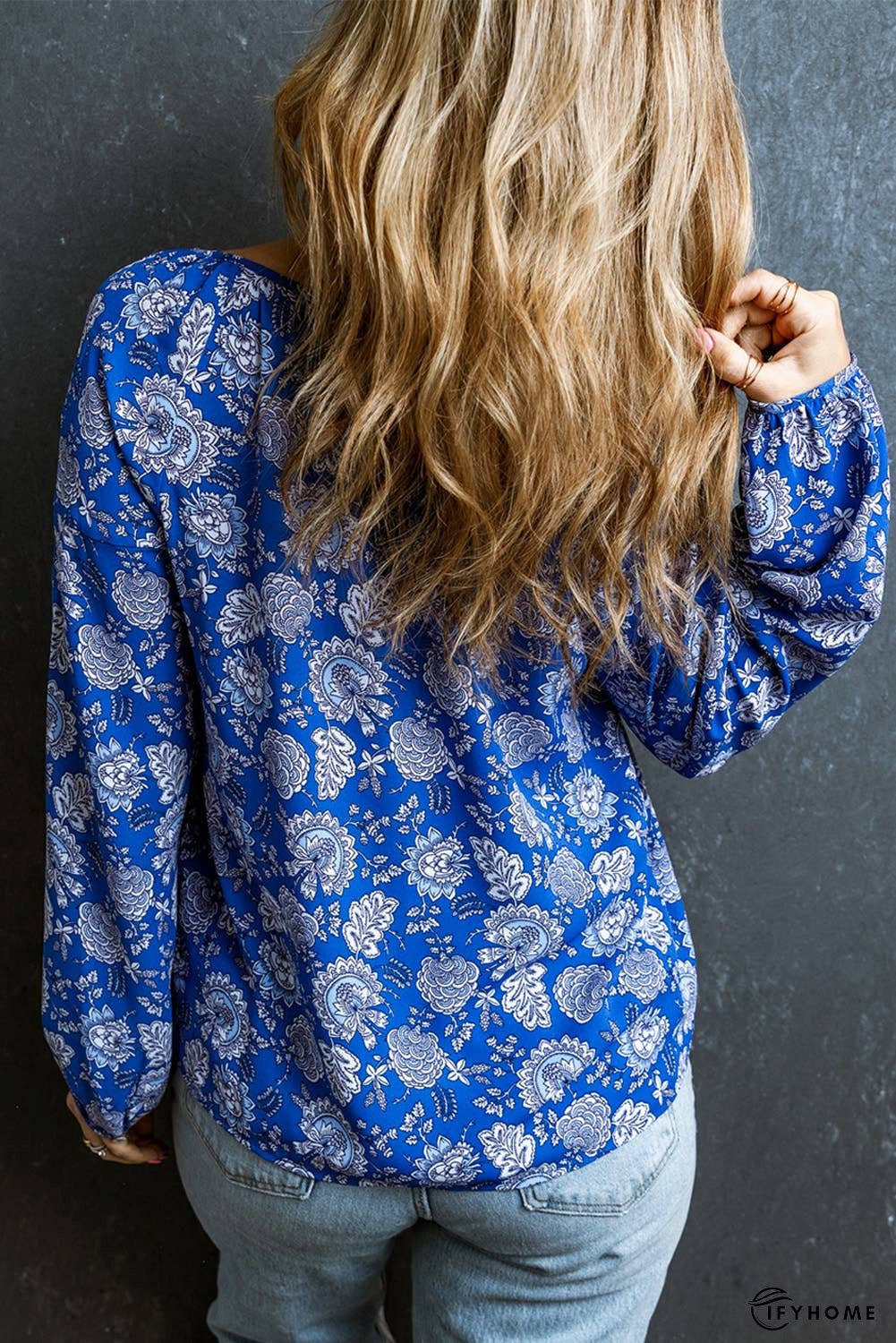 Floral Notched V-Neck Long Sleeve Blouse | IFYHOME