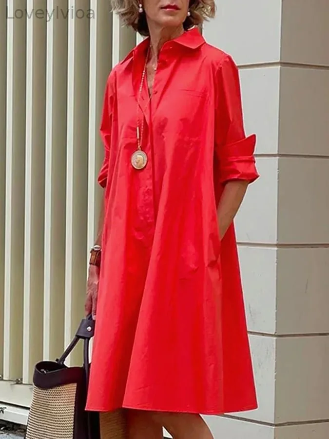 Solid Color Simple Mid-Length Long-Sleeved Lapel A-Line Shirt Dress