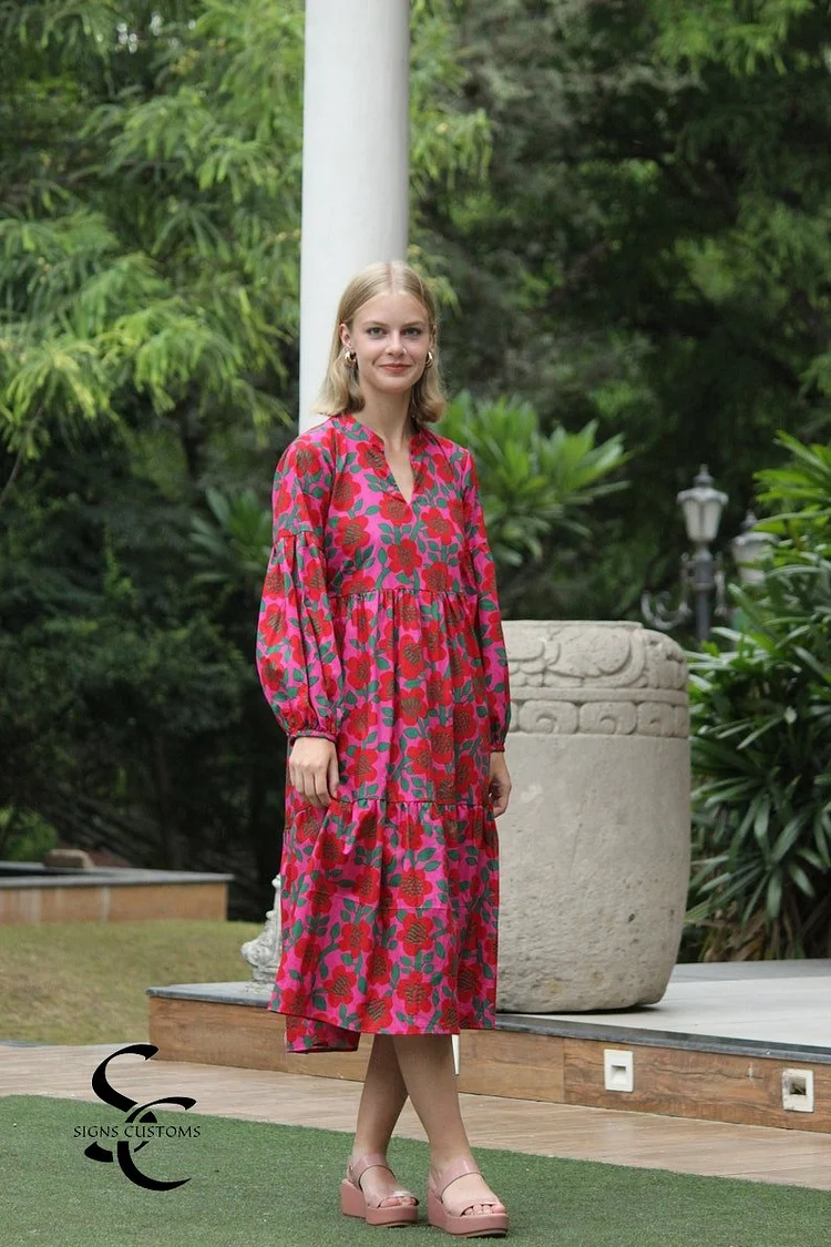 Boho Floral Cotton Block Print Dress &ndash; Women's Summer Beach & Vacation Bohemian Style