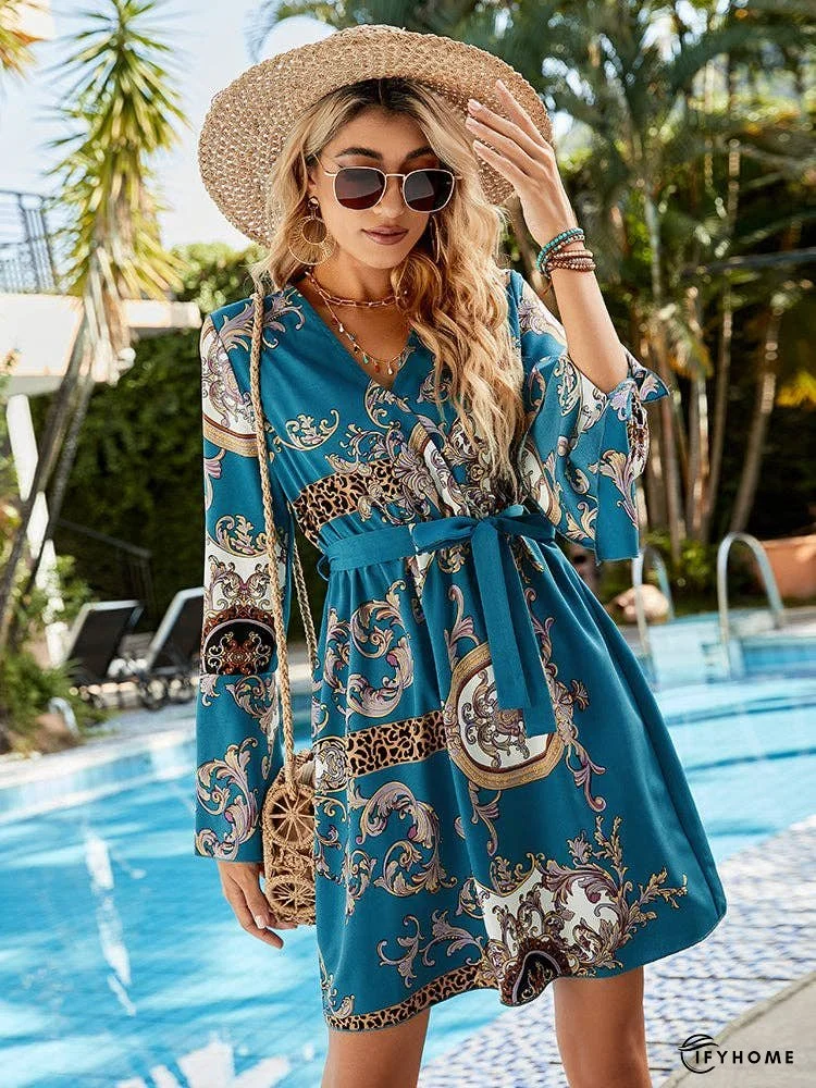 Printed Tie Belt Slit Flare Sleeve Dress | IFYHOME