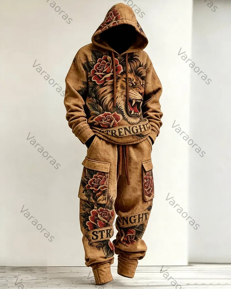 Men's Fashion Contrast Color Wolf
 Embroidered Hoodie & Pants Two-Piece Set 3482