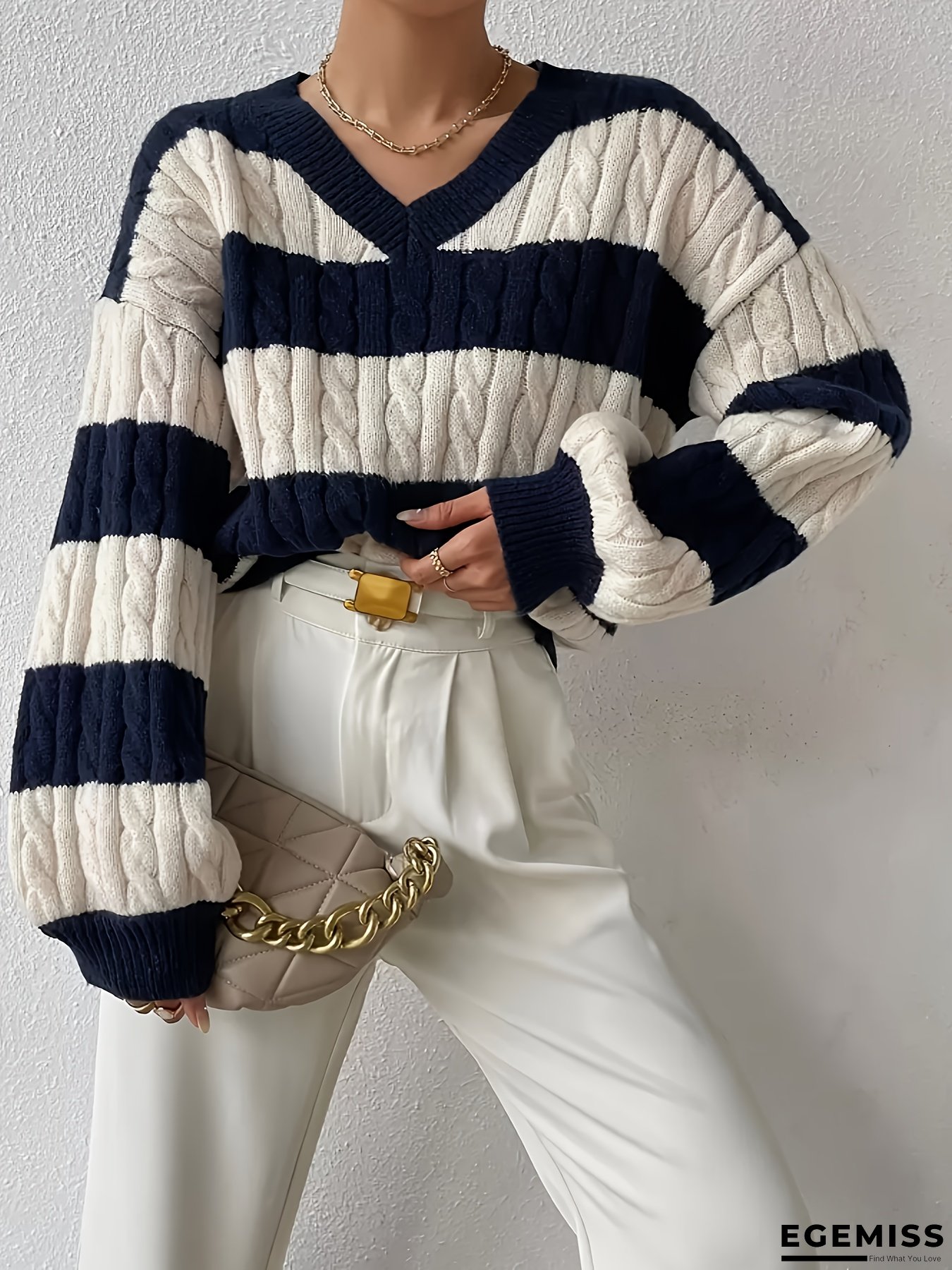Women's Two-Tone Cable Sweater - V-Neck Long Sleeve Pullover with Flared Hem, Loose Fit Color Block Design in Navy & White, Cozy Fall/Winter Top for Casual or Chic Outfits, Sweater Dress, Winter Layering Piece, Vneck Pullover, Textured Knitwear | EGEMISS