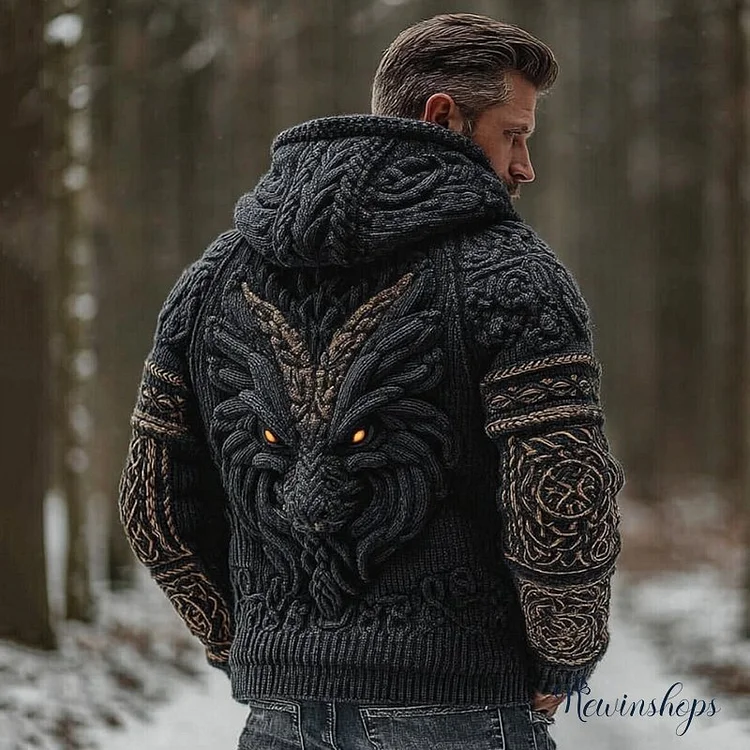Men's Vintage Viking Dragon Jacquard Knitted Cozy Zipper Up Hooded Cardigan