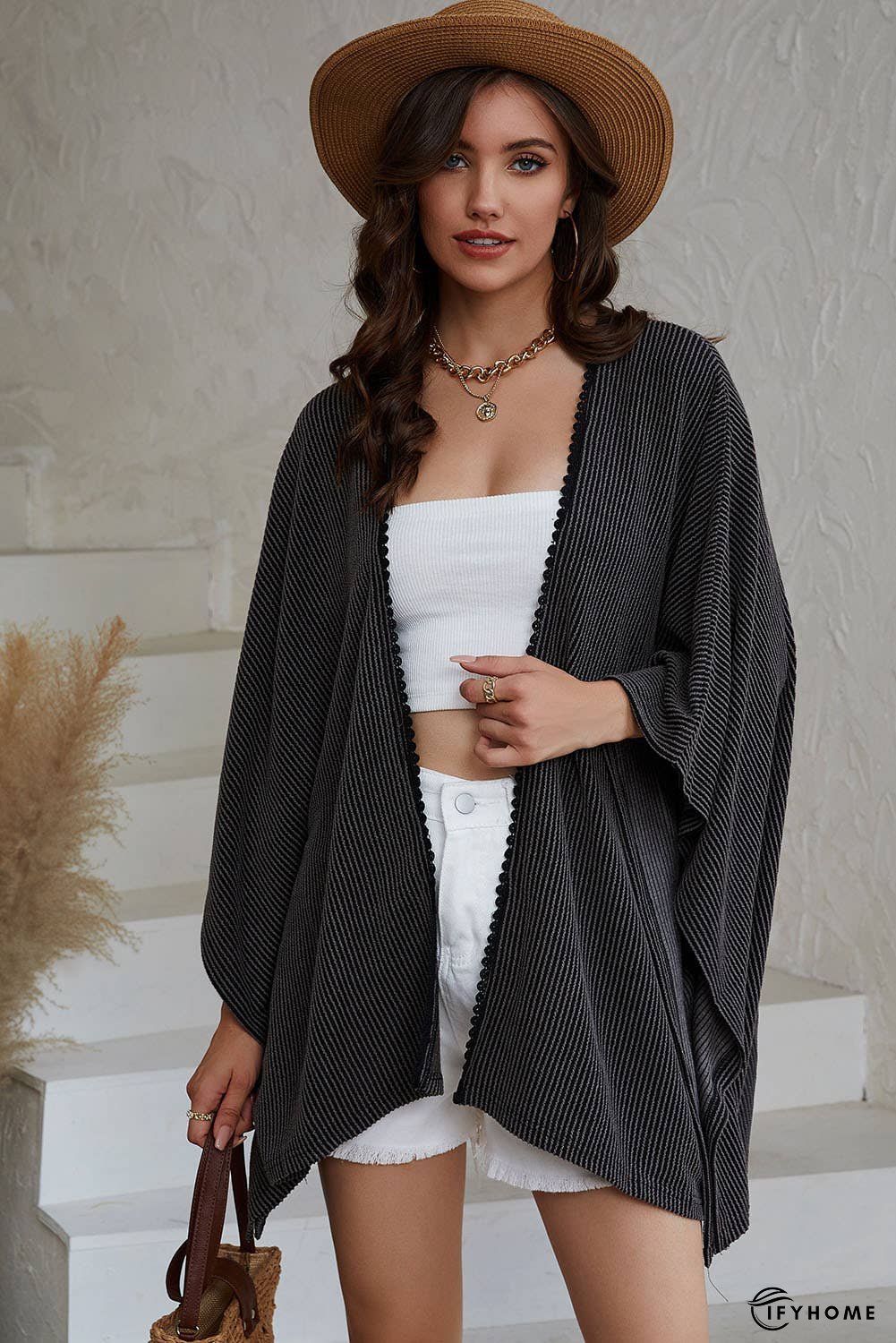 Lace Trim Ribbed Oversize Kimono | IFYHOME