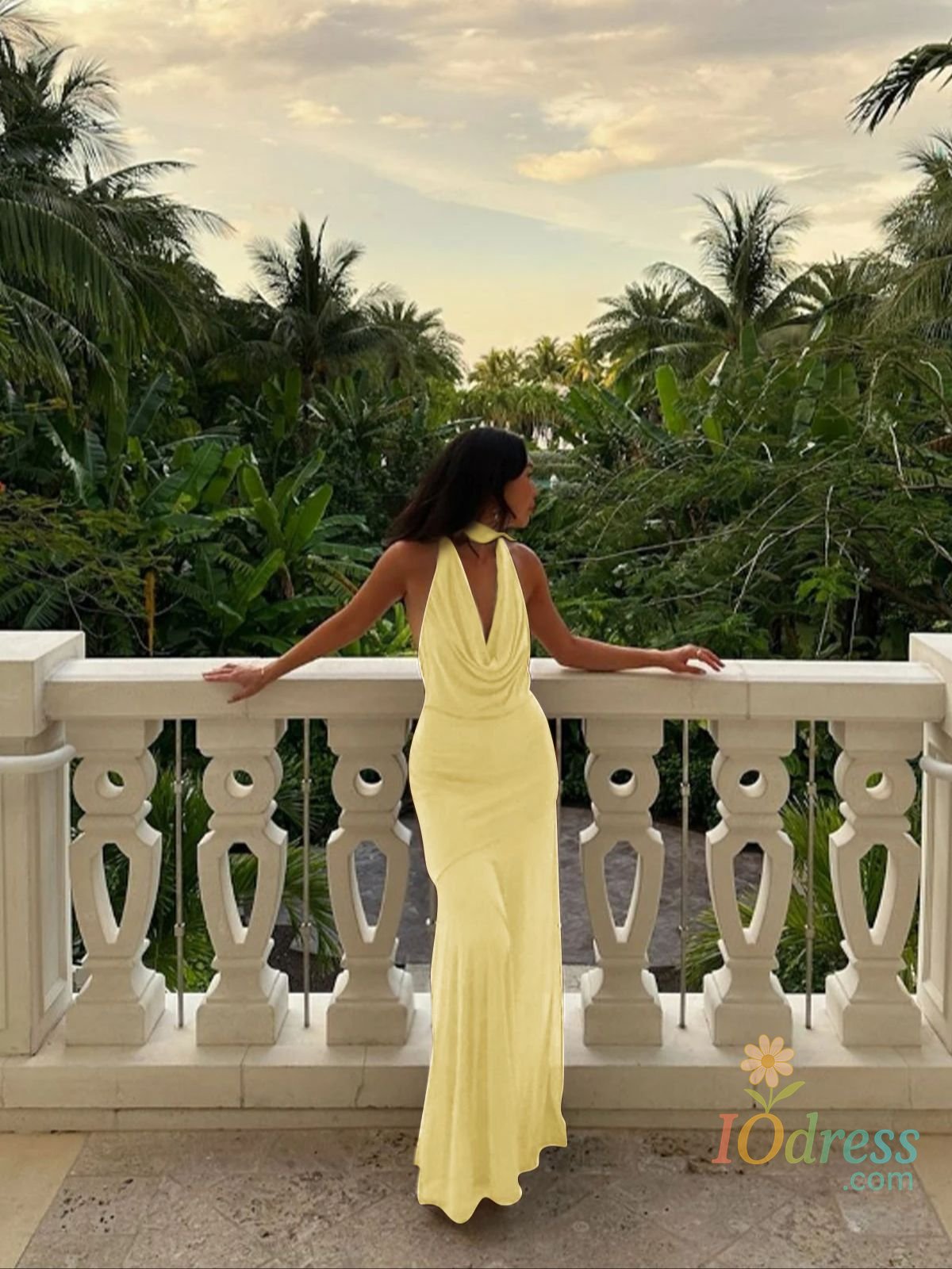 IO Dress Women's solid color off-the-shoulder deep back pleated dress, sexy deep V off-the-shoulder swing neck draped maxi dress