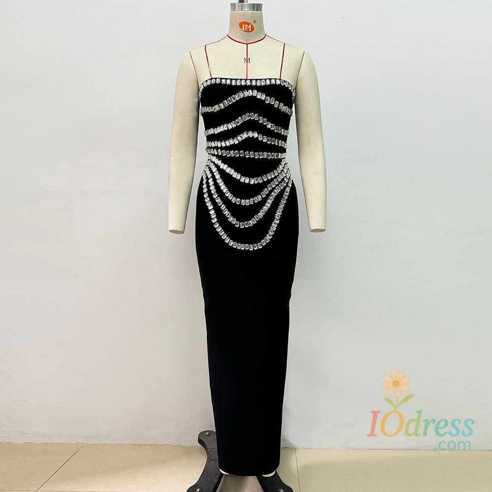 IO Dress VC Black Strapless Long Dress Diamonds Embellished Bodycon Bandage Prom Celebrity Party Evening Gowns IO Dress