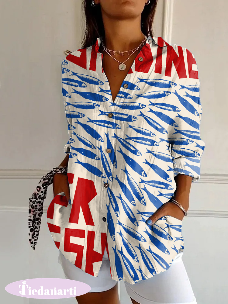 Classic Sardines Print Casual Long Sleeve Shirt