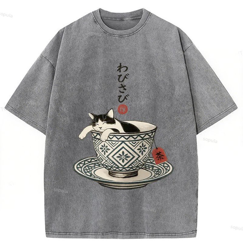 Vintage A Cozy Cat In A Teacup Graphic Acid Washed T-shirt
