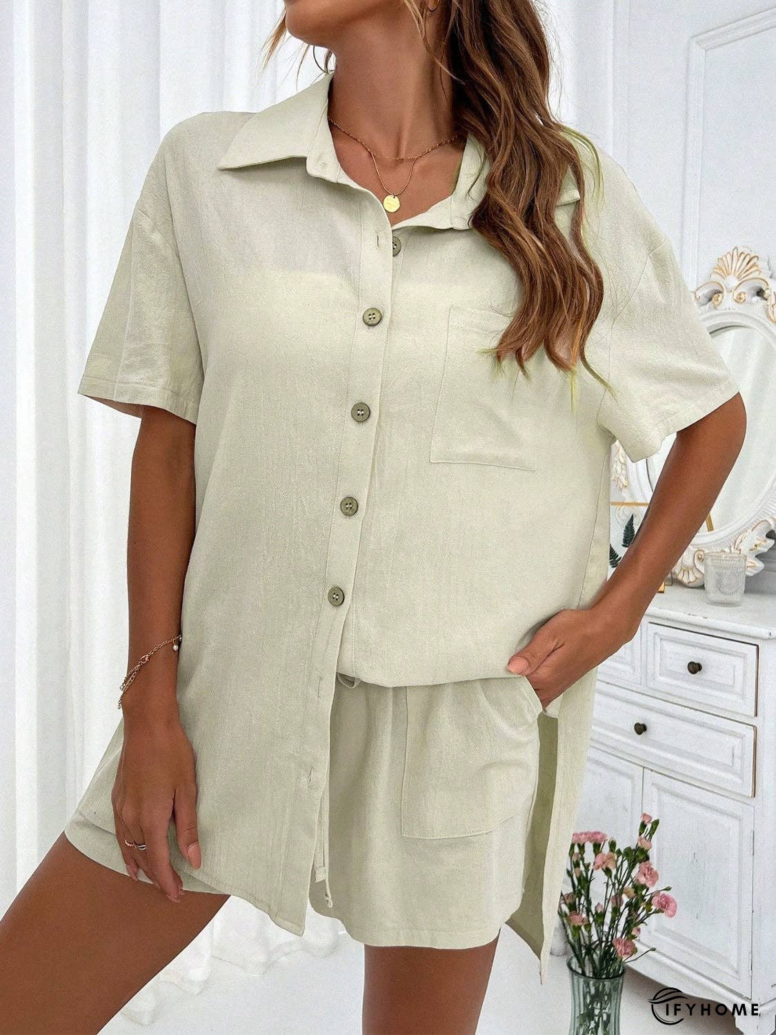 Button Up Half Sleeve Top and Shorts Set | IFYHOME