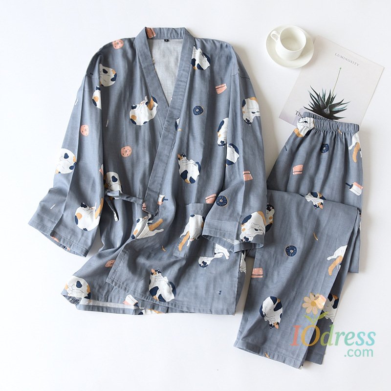 IO Dress New Japanese-style kimono two-piece couple pajamas cover men and women pure cotton gauze cute kitten thin home service plus size