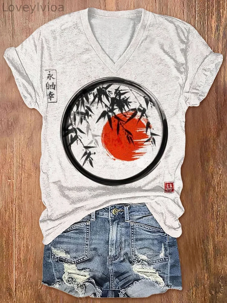 Women's Bamboo Sunrise Japanese Art Print Casual T-Shirt