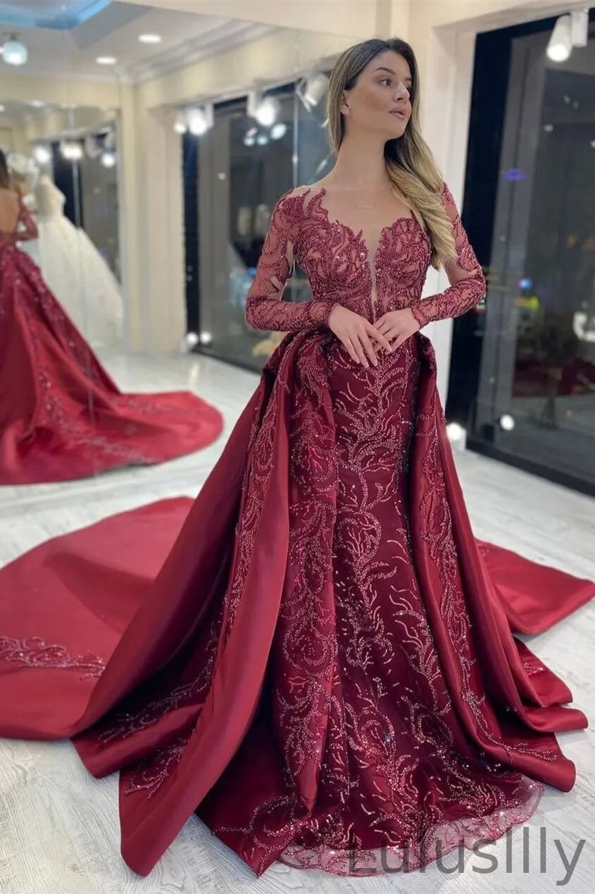 Charming Burgundy Long Sleeves Overskirt Evening Dress Mermaid With Beads - lulusllly