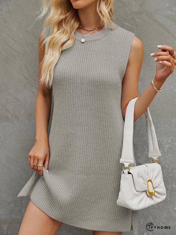 A-Line Loose Solid Color Split-Side Tied Waist Round-Neck Mini Dresses Sweater Dresses | IFYHOME