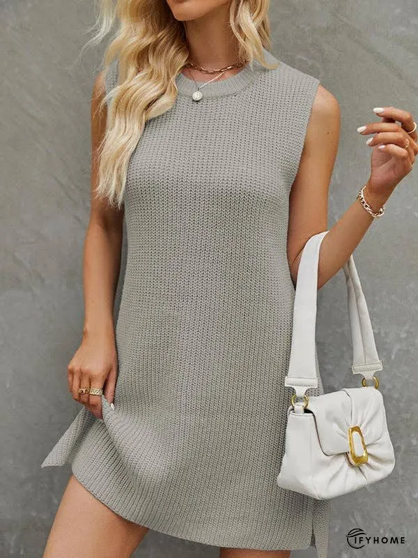 A-Line Loose Solid Color Split-Side Tied Waist Round-Neck Mini Dresses Sweater Dresses | IFYHOME