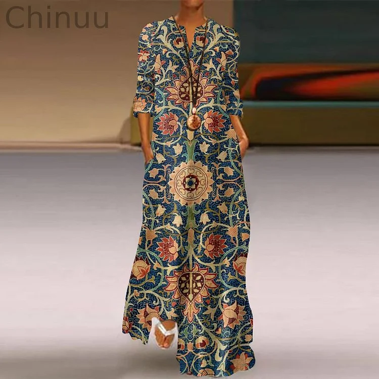 Vintage Ethnic William Morris Holland Park Carpet Geometric Pattern Printed Flowy Maxi Dress