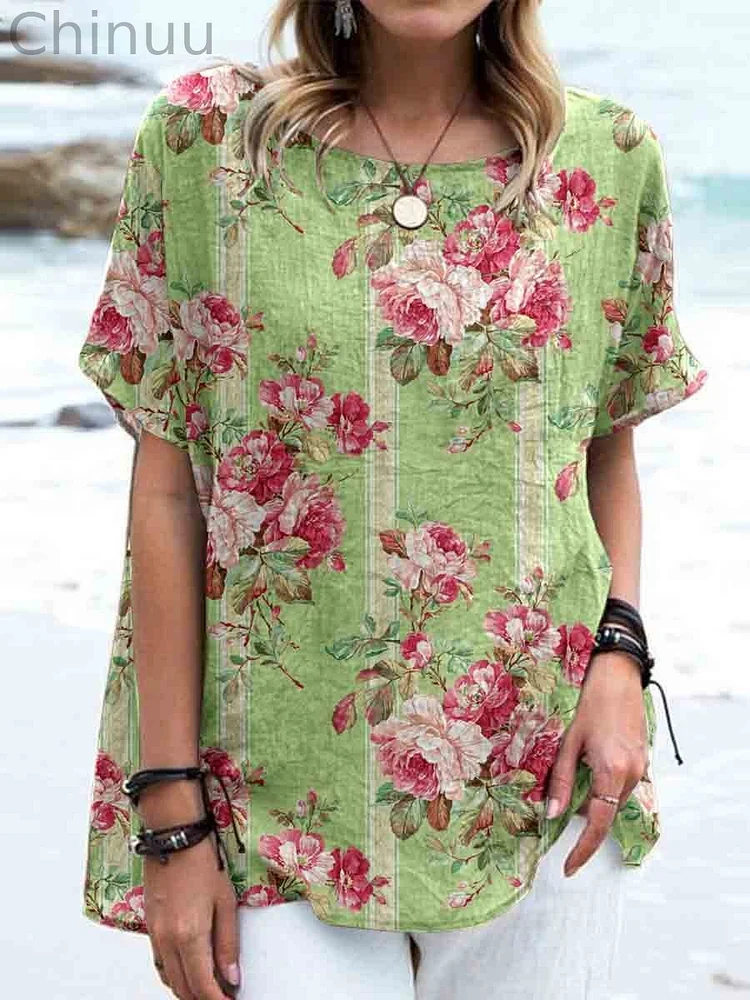 Women's Elegant Vintage Rose Floral Print Linen Top