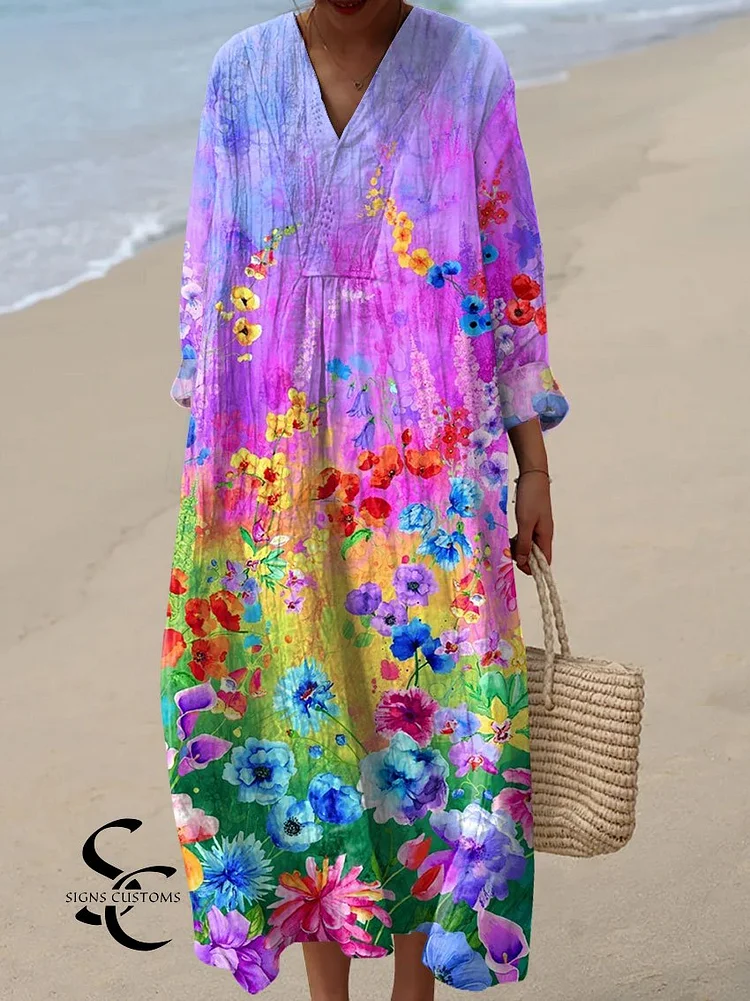 Colorful Artistic Floral Print Dress for Women