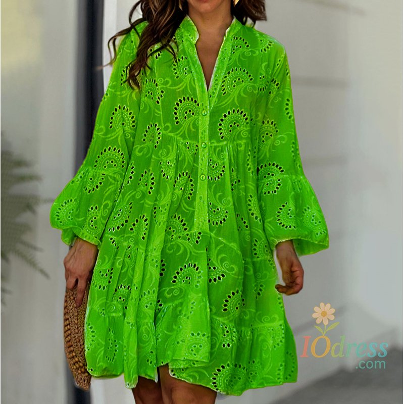 IO Dress Summer Elegant Vintage Solid Lace Dress V-neck Loose Hollow Out Pattern Embroidery Vestidos Women Beach Sexy Mini White Dresses