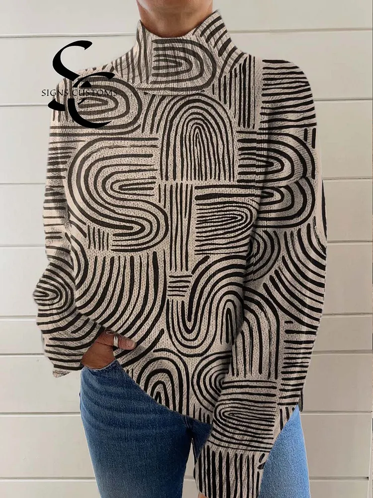 Women's Abstract Geometric Pattern Art Print Knit Turtleneck Pullover Sweater