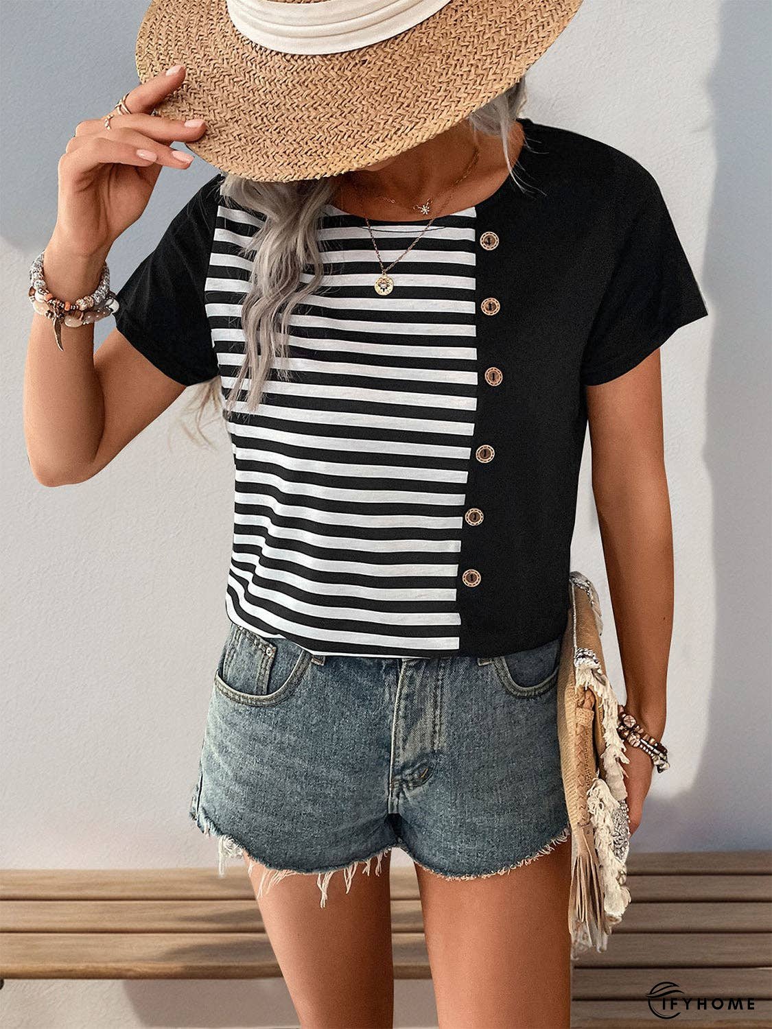 Striped Round Neck Short Sleeve T-Shirt - Decorative Button | IFYHOME