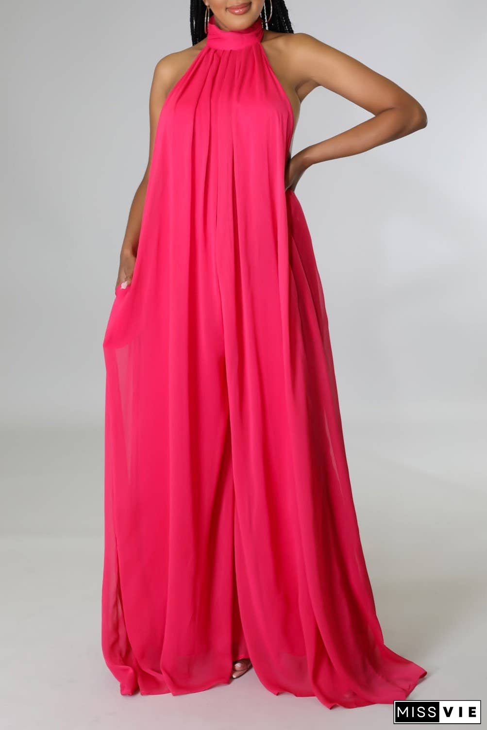 SS/24 chiffon halter backless pleated wide leg jumpsuit