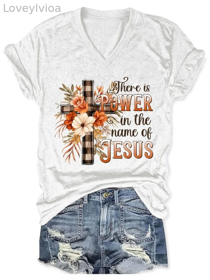 V-neck Retro There Is Power In The Name Of Jesus Print T-Shirt