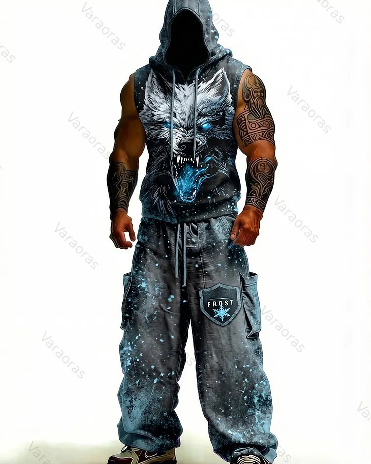 Men's Fashion Wolf Embroidery Hooded Sleeveless Top and Pants Two-Piece Set 8976