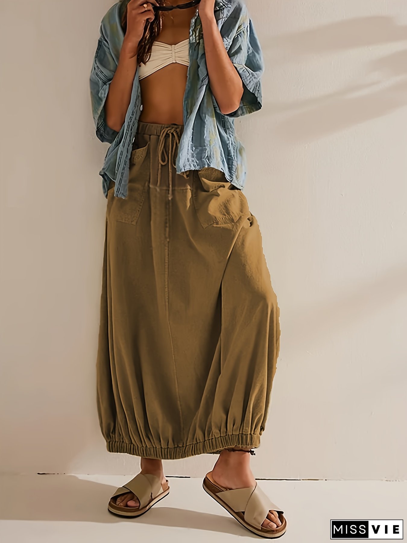 Women&lsquo;s Vintage-Inspired Polyester Maxi Skirt with Drawstring Waist, Pockets, and Ruffled Hem - Ideal for Spring/Summer, Casual Attire, Casual Attire|Rustic Fashion|Drawstring Detail
