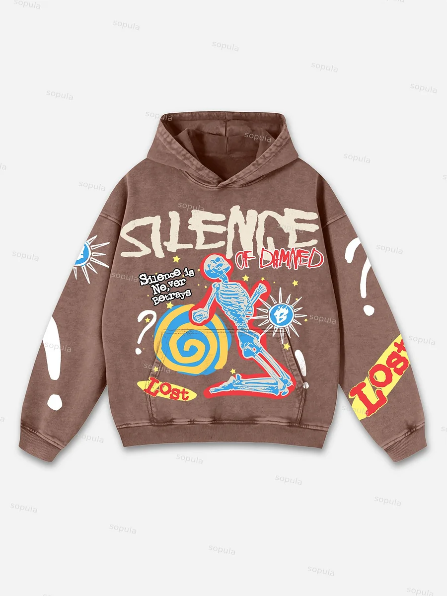 Retro Silence Of Damned Skull Oversized Graphic Acid Wash Hoodie