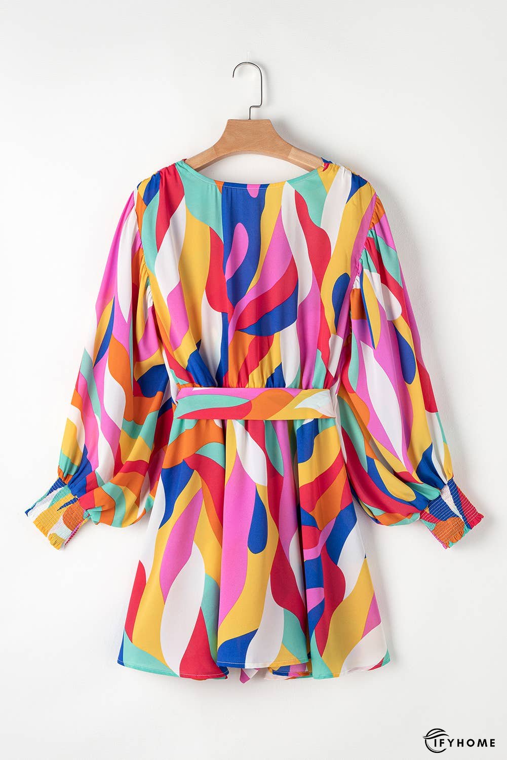 Abstract Printed Belted Puff Sleeve Mini Dress | IFYHOME