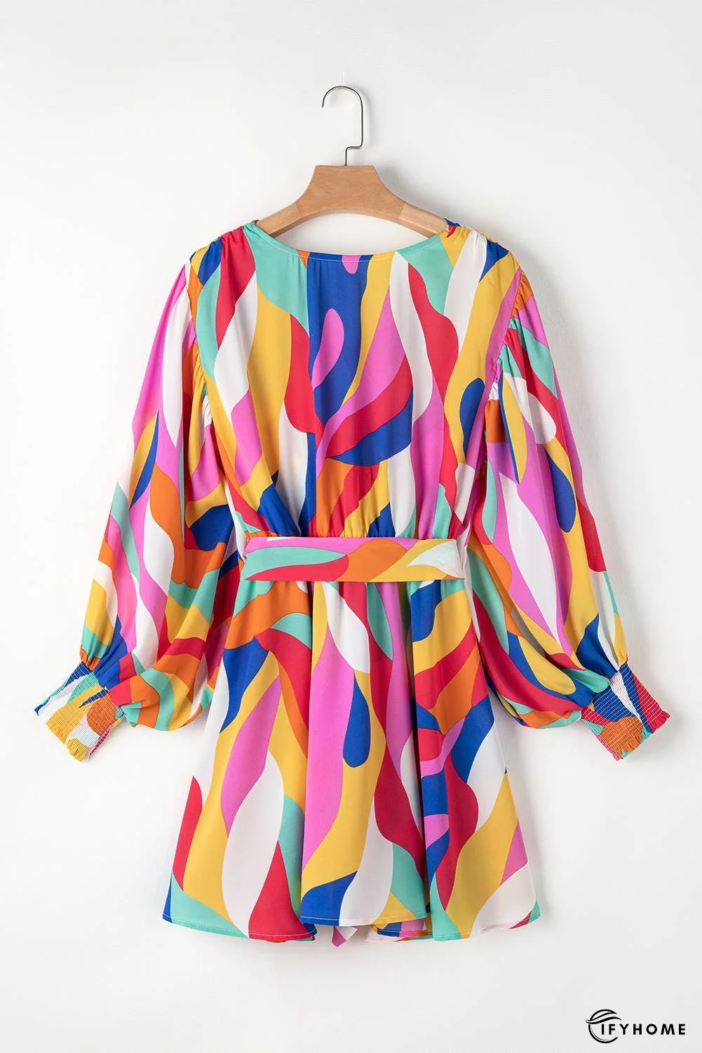 Abstract Printed Belted Puff Sleeve Mini Dress | IFYHOME
