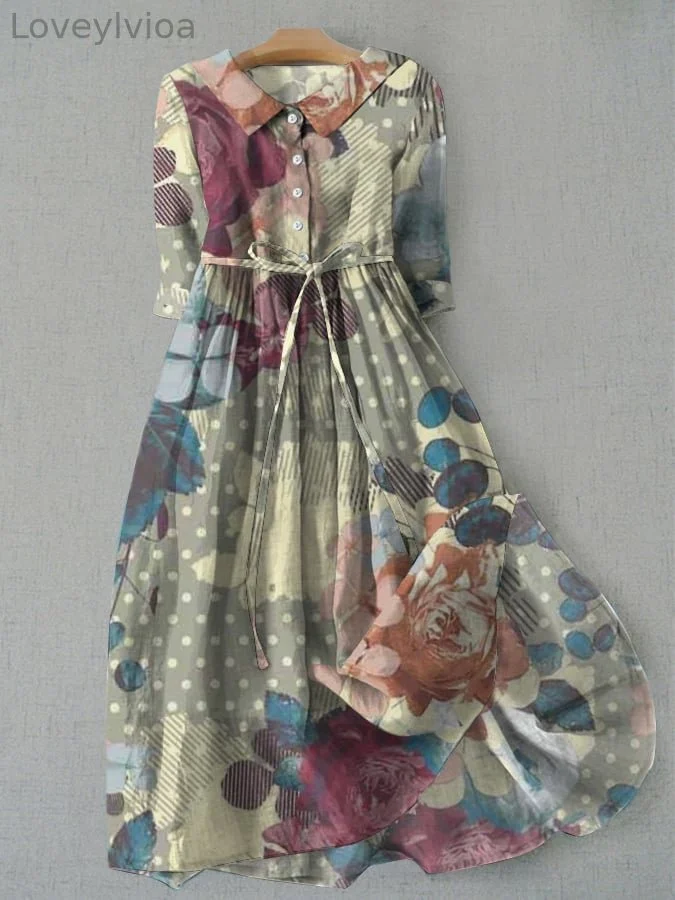 Women's Vintage Floral Polka Dot Design Printed Strappy Dress