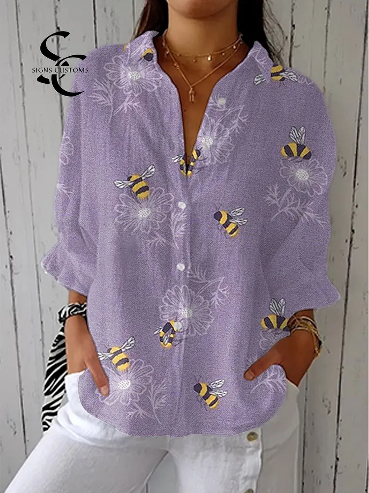Women's  Funny Bee Flower Vintage Art Print Casual Linen V-neck Shirt