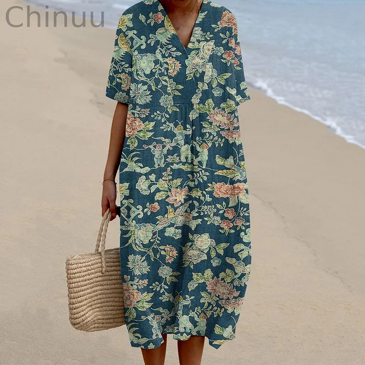 Vintage Japanese Art Flower Print V-Neck Casual Midi Dress