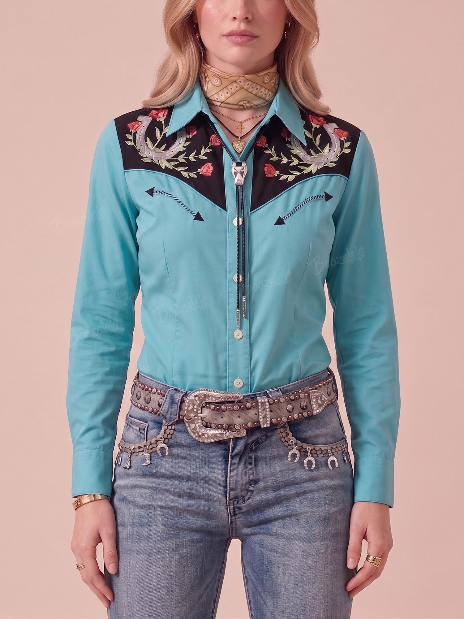 Western Style &mdash; Turquoise Blue And Black Floral Print Cotton Shirt