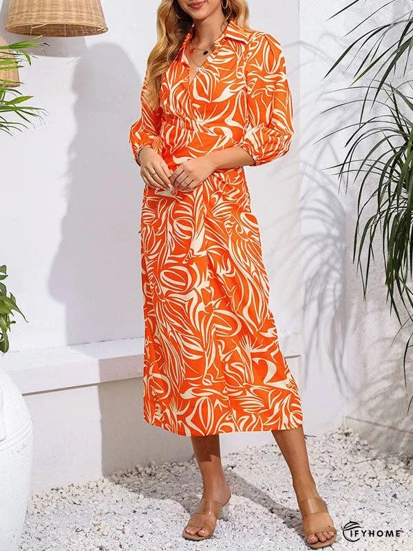 A-Line High Waisted Elasticity Printed Tied Waist Lapel Midi Dresses Shirt Dress | IFYHOME