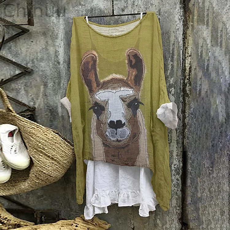 Cute Alpaca Print Round Neck Loose Blouse