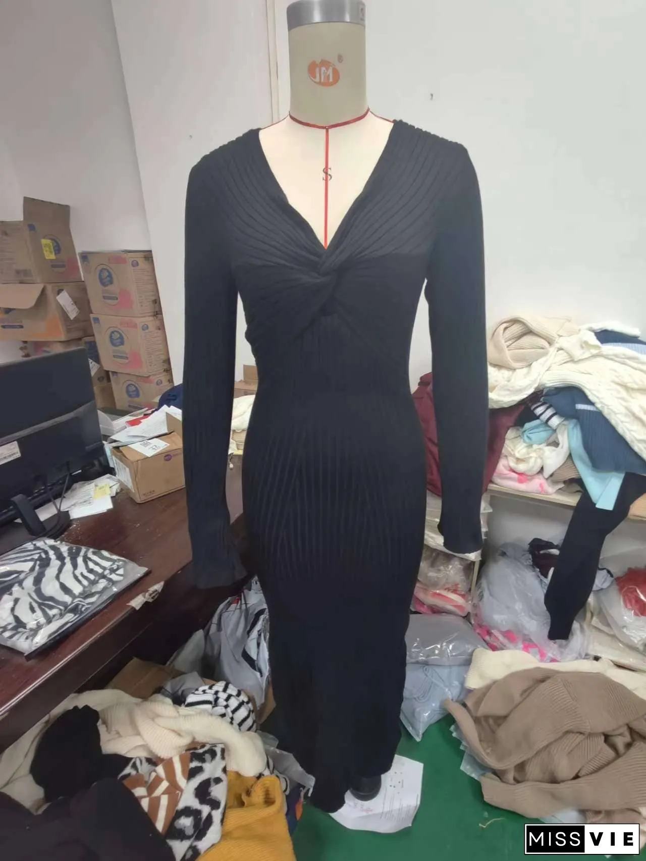 Sexy Spice Long Sleeve Twist Pleated Long Dress