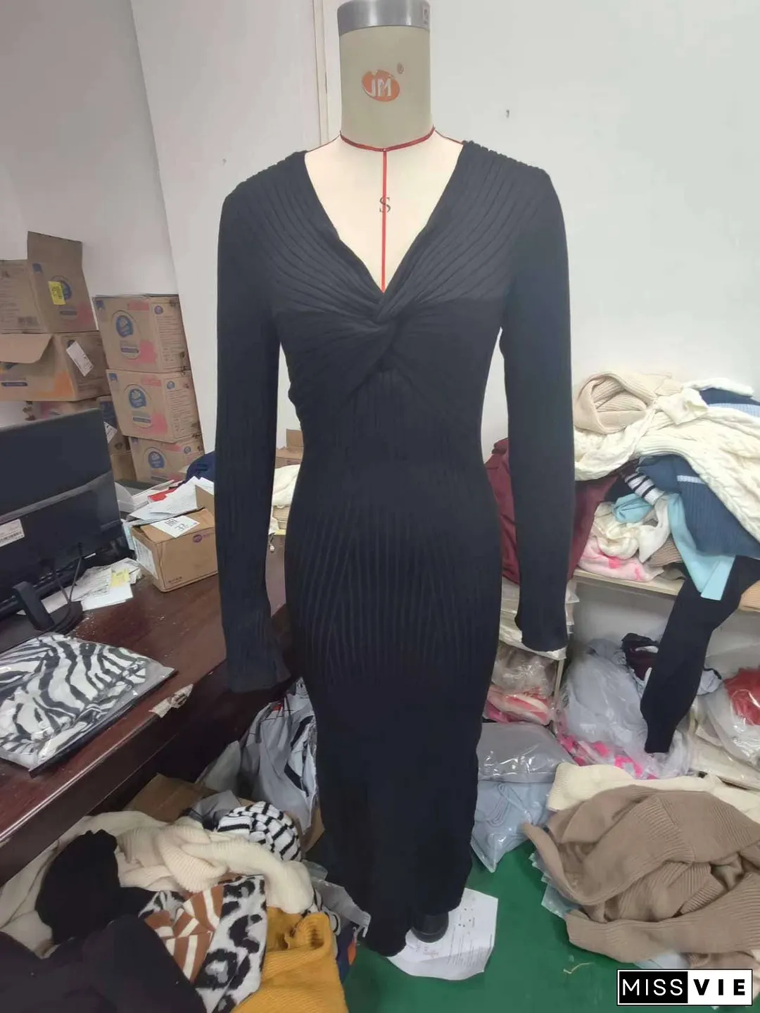 Sexy Spice Long Sleeve Twist Pleated Long Dress