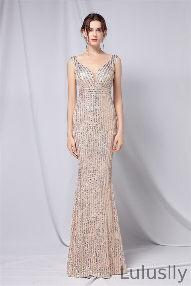 Luluslly Straps V-Neck Sleeveless Evening Dress Mermaid Sequins YE0077