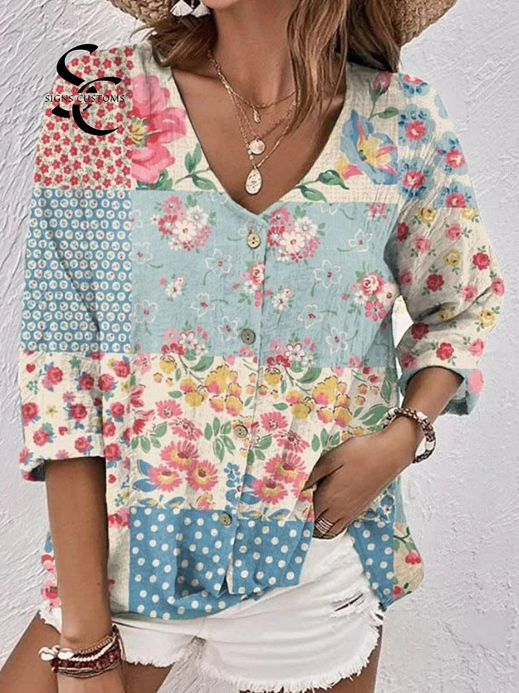 Vintage V-Neck Bohemian Contrast Floral Button-Down Shirt