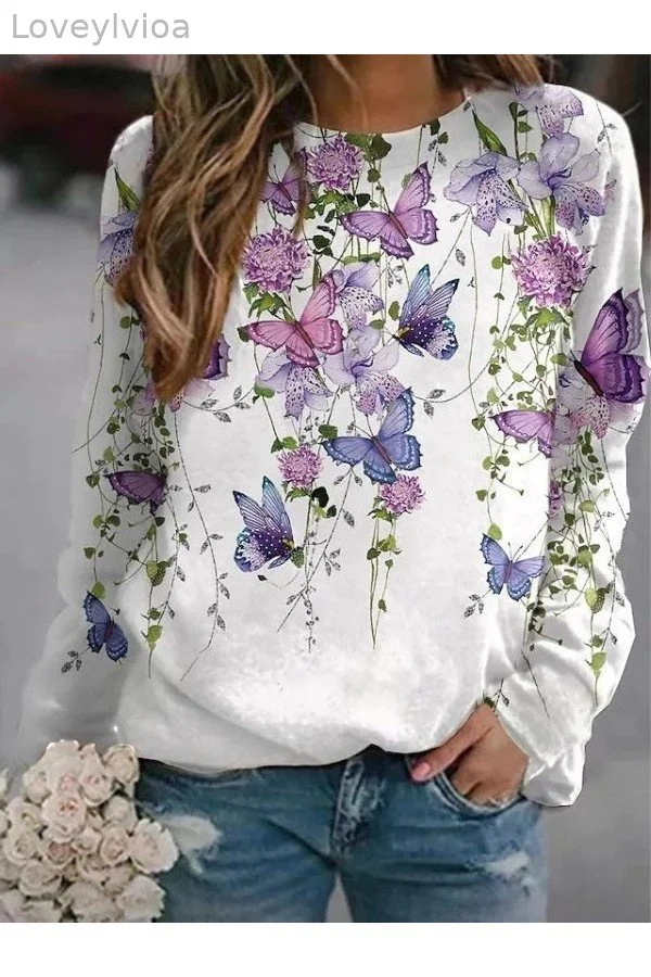 White Casual Graphic Tops Round Neck Long Sleeve Floral Butterfly Printed Sweatshirts