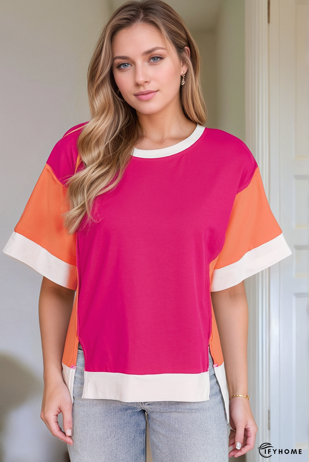 Color Block Patchwork Side Slits Loose Fit T Shirt | IFYHOME