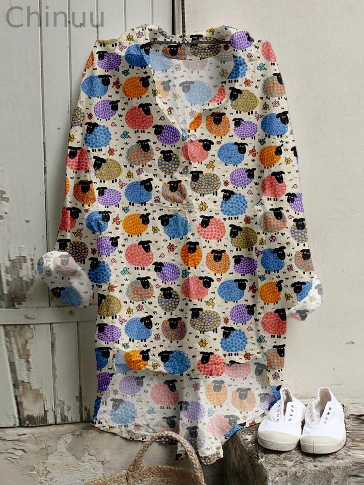 Colorful Happy Sheep Pattern Linen Blend Tunic