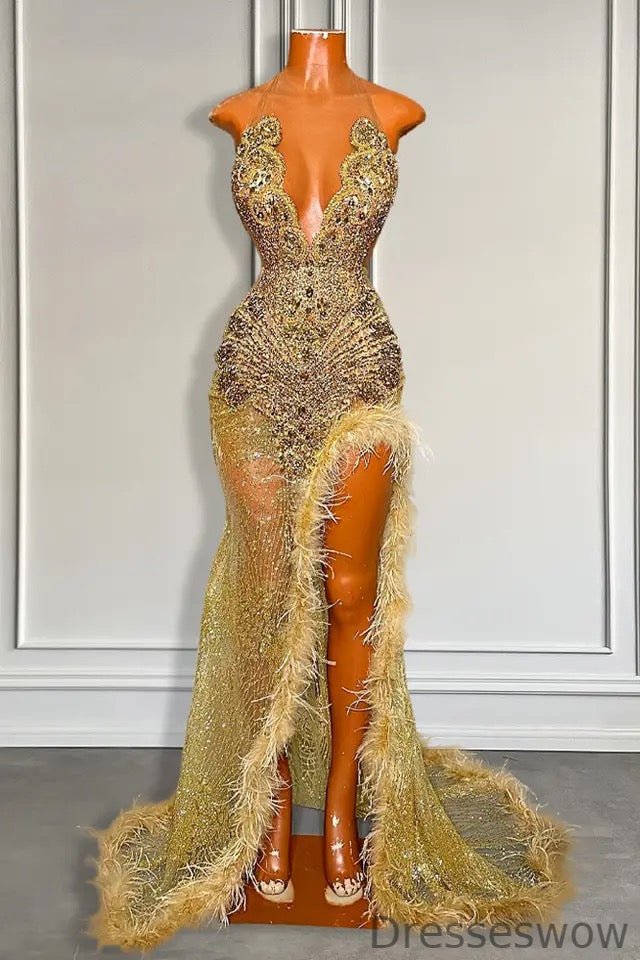 Dresseswow Gold Sleeveless Mermaid  Evening Dress Sequins High SLit With Feather Beadings